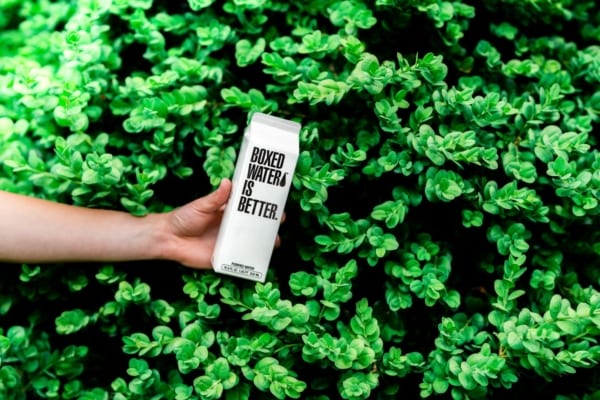 Person som holder en kartong med teksten "Boxed water is better"