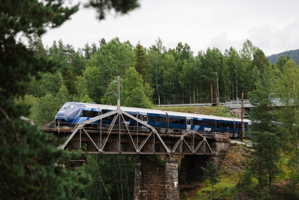 Tog kjører over bro